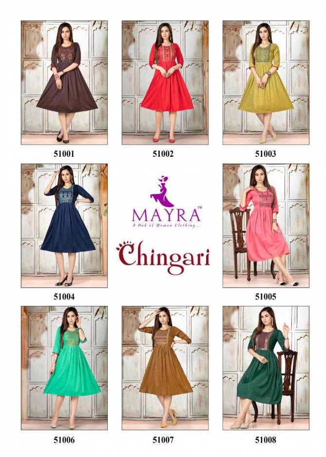 Mayra Chingari Fancy Regular Wear Rayon Printed Anarkali Kurti Collection